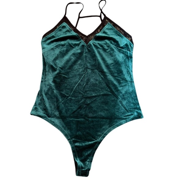 Wet Seal Teal Velvet Bodysuit with Lace Trim - Picture 1 of 6